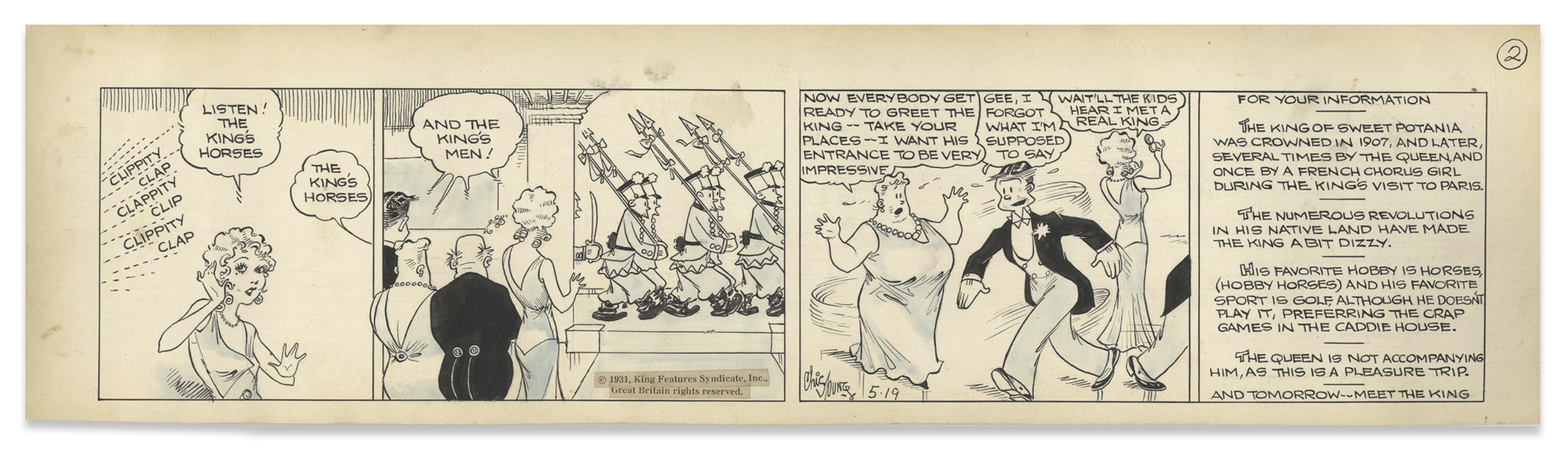 Chic Young Hand-Drawn ''Blondie'' Comic Strip From 1931 Titled ''On Your Mark'' -- Preparing to Meet the King